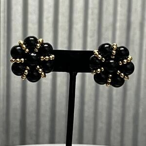 Black Beaded Flower Earrings Gold Trim Statement Studs Vintage Style Bold